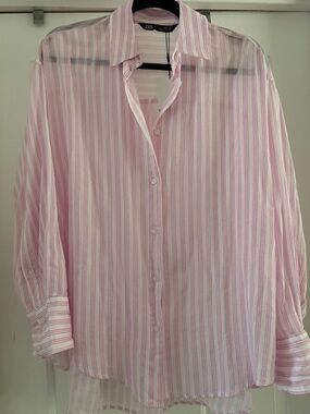 Zara pink and white striped button down shirt